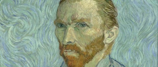 Autorretrato de Vincent van Gogh de 1889, con barba pelirroja sobre un fondo de remolinos azules