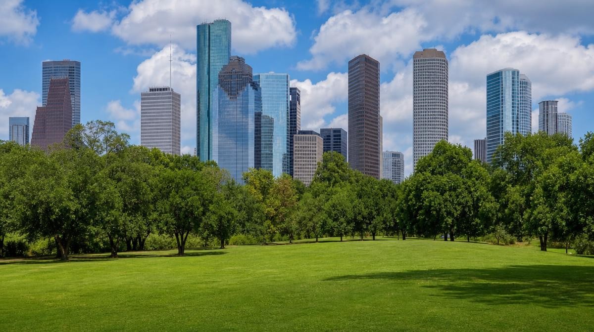 Rascacielos del centro de Houston rodeados de árboles bajo un cielo despejado